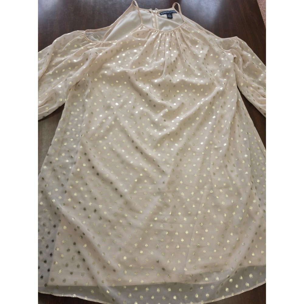 American Living Cold Shoulder Dress 12 Cream Gold Metallic Polka Dot Sheer Mini